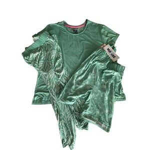 Muk Luks Womens 3 Piece PJ Set Mint Green Paisley Leaf Shirt Pants Shorts NEW